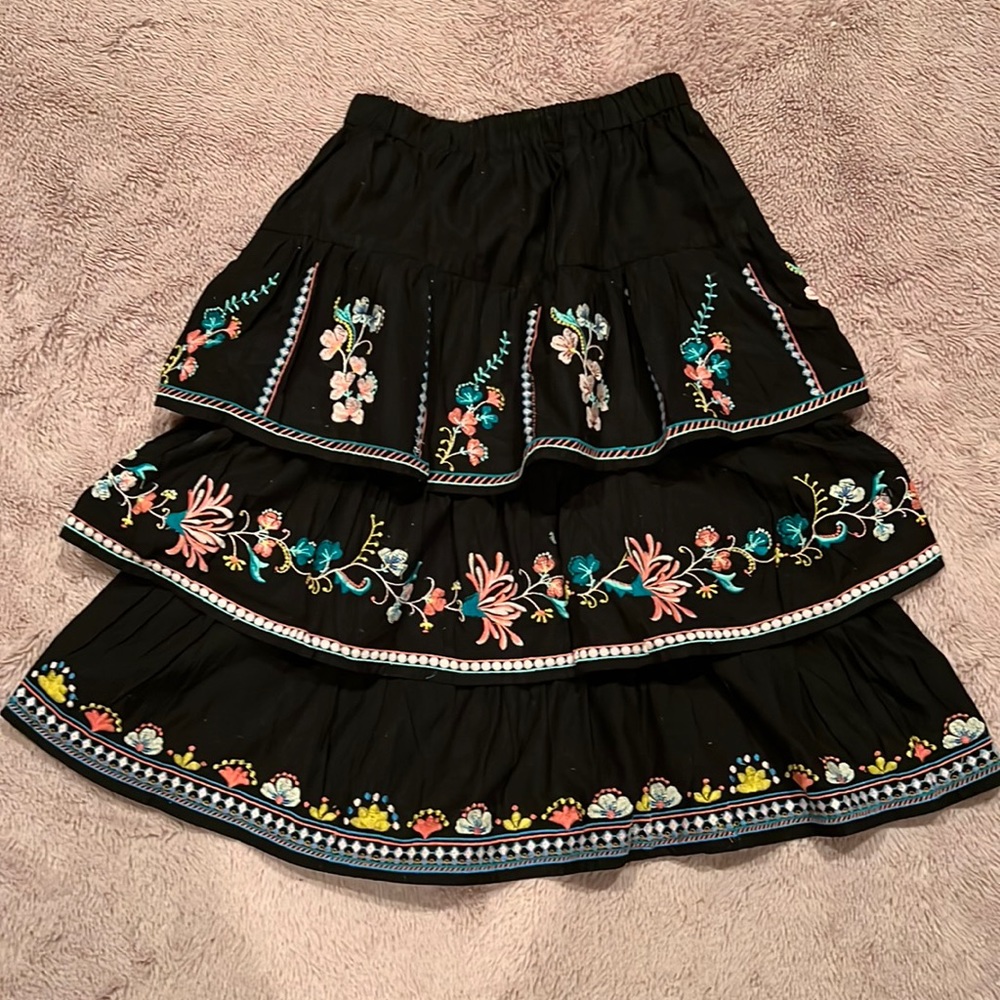 Black Tiered Embroidered Skirt with Floral Accents